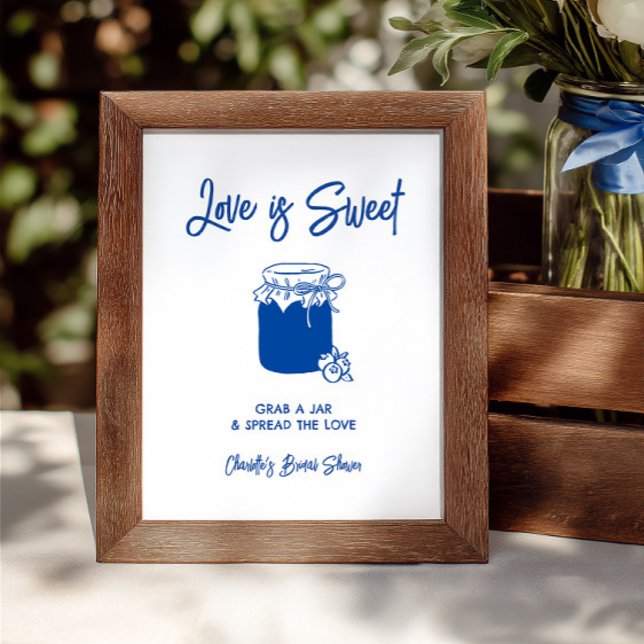 Lámina Señal de barra de mermelada para fiesta de comprom (Love Is Sweet Blue Bridal Shower Jam Bar Sign)