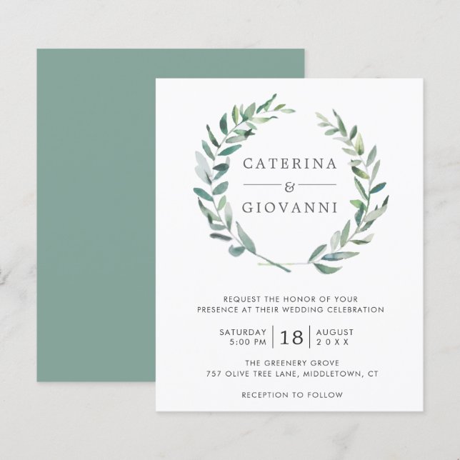 Lámina Sencilla Invitación de Boda con Verde Rústico y Pr (Anverso / Reverso)