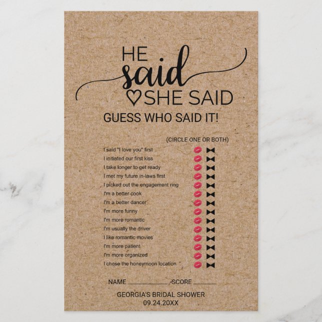 Lámina Sencillo Juego Falso de Kraft Él Dijo Ella Dijo (Anverso)