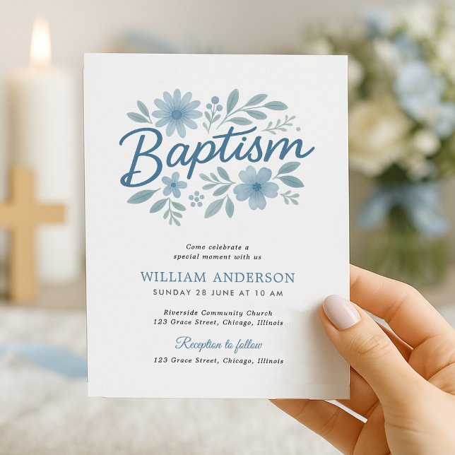 Lámina Sencillo presupuesto Invitación al bautismo floral (Elegant budget  blue floral baptism invitation held near candlelight – perfect for boy christening)