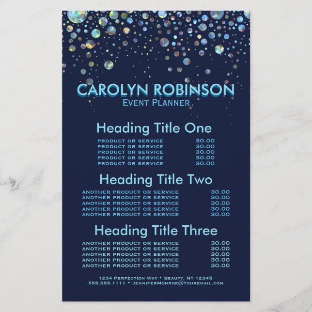 Lámina Servicios y precios de planificador de eventos (Anverso)