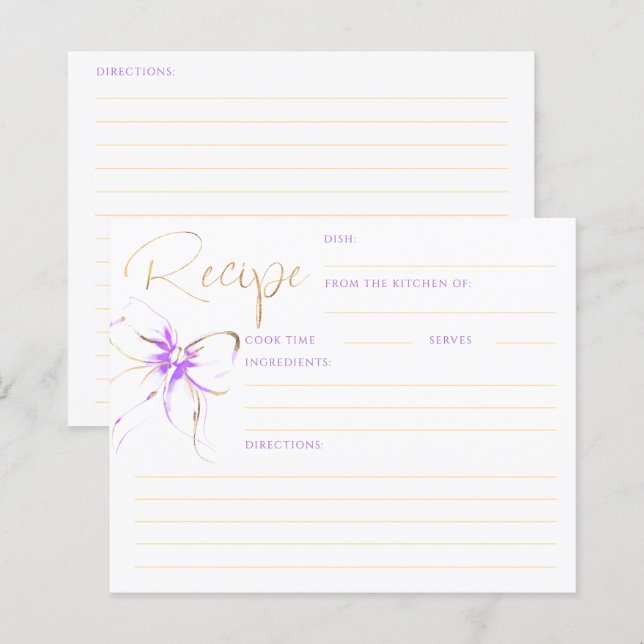 Lámina She's Tying the Knot Purple Bow Bridal Recipe Card (Anverso / Reverso)