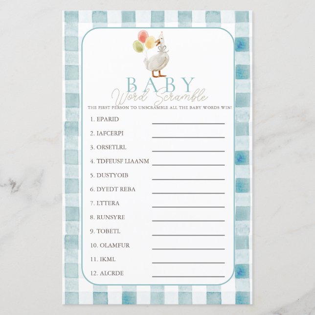 Lámina Silly Goose Blue Gingham Boy Baby Word Scramble (Anverso)