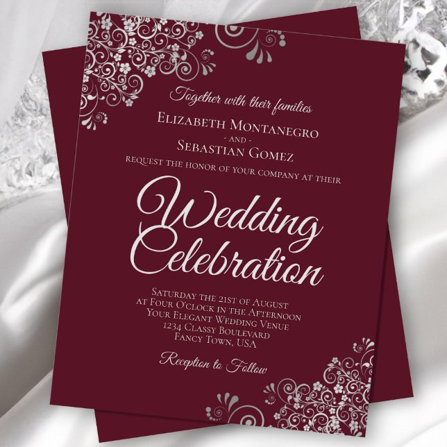 Lámina Silver Lace on Burgundy BUDGET Wedding Invitation (Front/Back)