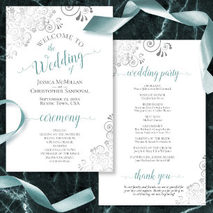 Lámina Silver Lace Teal on White Budget Wedding Program