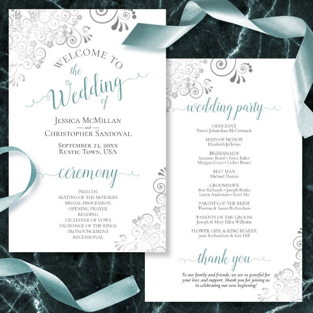 Lámina Silver Lace Teal on White Budget Wedding Program (Subido por el creador)