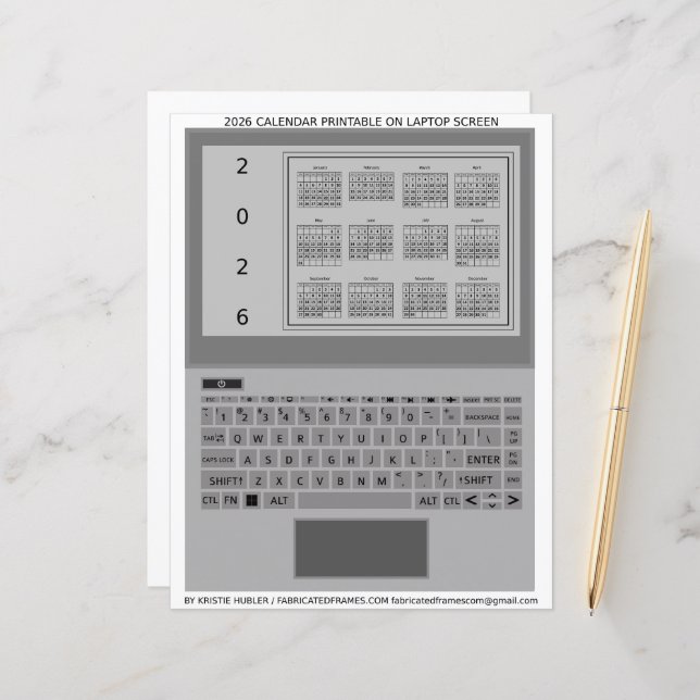 Lámina Silver Laptop Keys 2026 Calendar Black Paper Sheet (Anverso/Reverso In Situ)