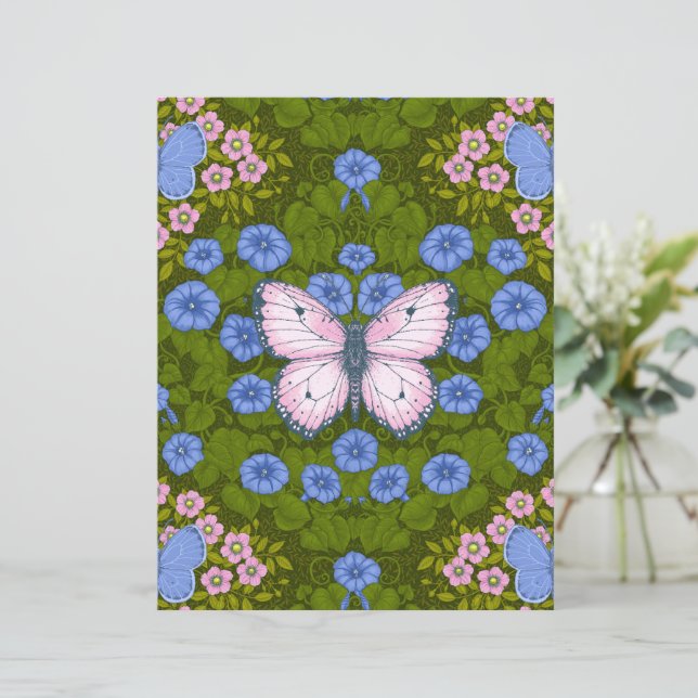Lámina Simetría de mariposas y flores, azul y rosa (Anverso de pie)