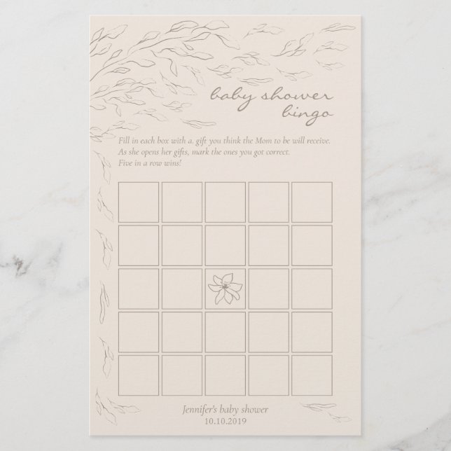Lámina Simple Baby Shower beige Bingo Juego Idea (Anverso)