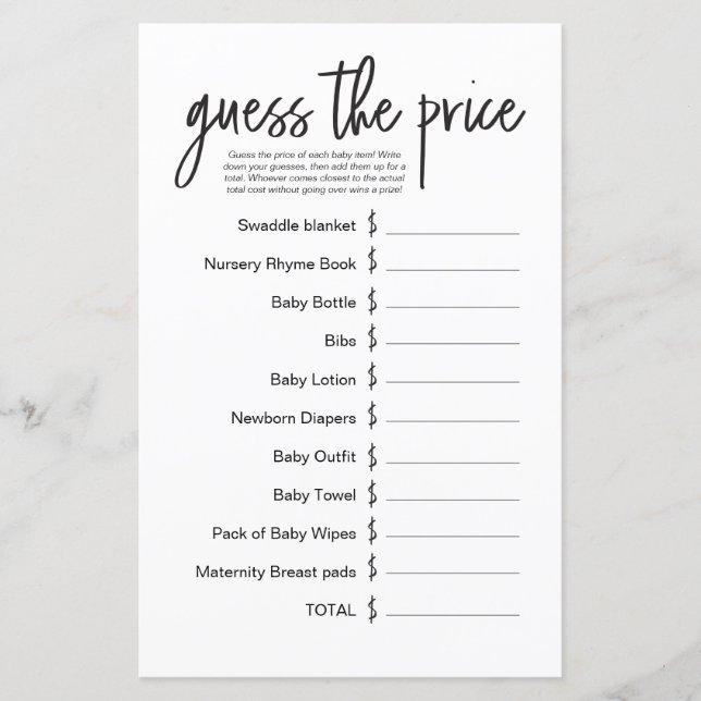 Lámina Simple Baby Shower Game Guess the Price  (Anverso)