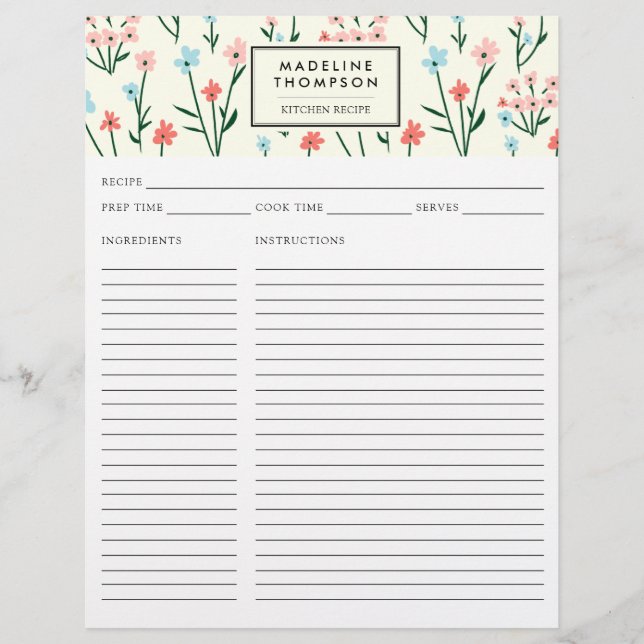 Lámina Simple Floral Botanical Pink Blue Flower Recipe (Anverso)