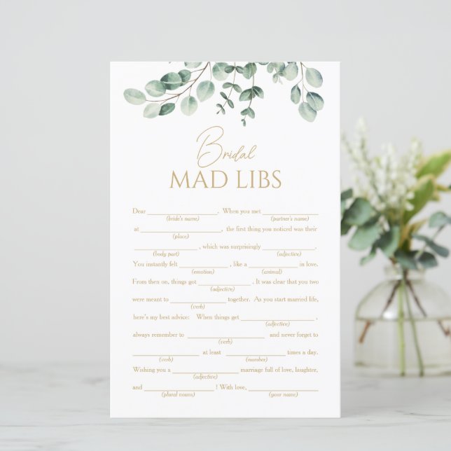Lámina Simple Greenery Bridal Shower Mad Libs Game (Anverso de pie)