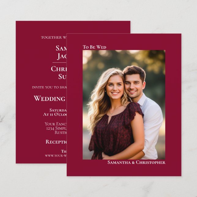 Lámina Simple Invitación de Boda con Foto en Rojo Arándan (Anverso / Reverso)