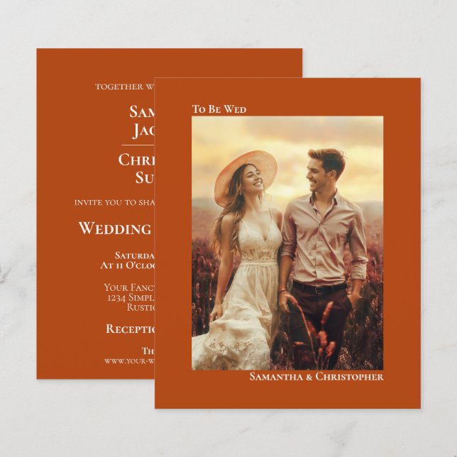 Lámina Simple Invitación de Boda con Foto Naranja Óxido P (Anverso / Reverso)