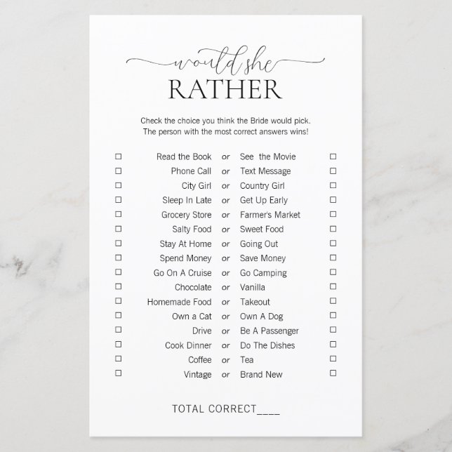 Lámina Simple Minimal Prefiere Un Juego De Ducha De Novia (Anverso)