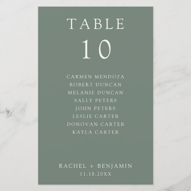 Lámina Simple Minimal Sage Green Wedding Seating Chart (Anverso)