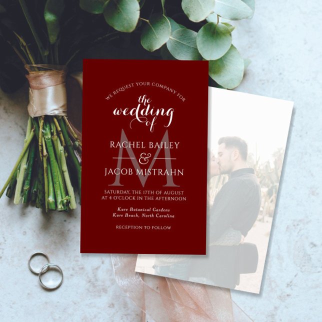 Lámina Simple Monograma Invitación a la boda de foto roja (Subido por el creador)