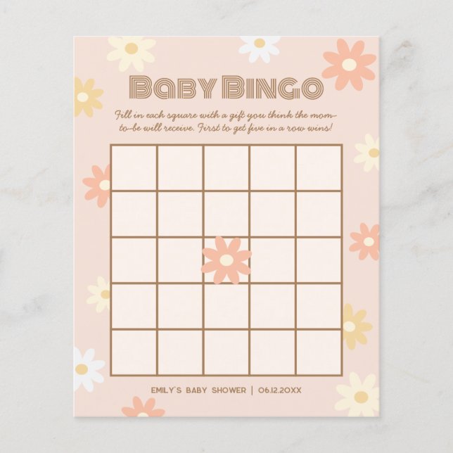 Lámina Simple Retro Boho Daisy Juego de Bingo Baby Shower (Anverso)