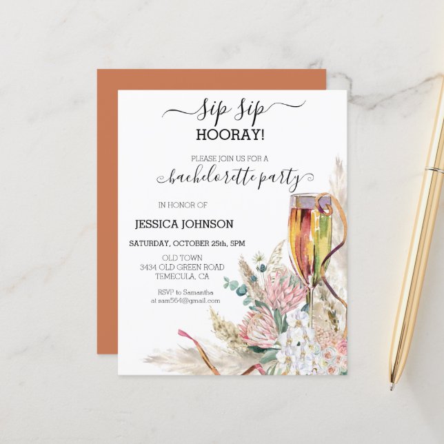 Lámina Sip Sip Hooray Bachelorette Party Champagne Boho (Anverso/Reverso In Situ)