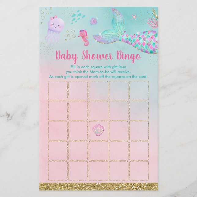 Lámina Sirena Bajo El Mar Bingo De Baby Shower (Anverso)