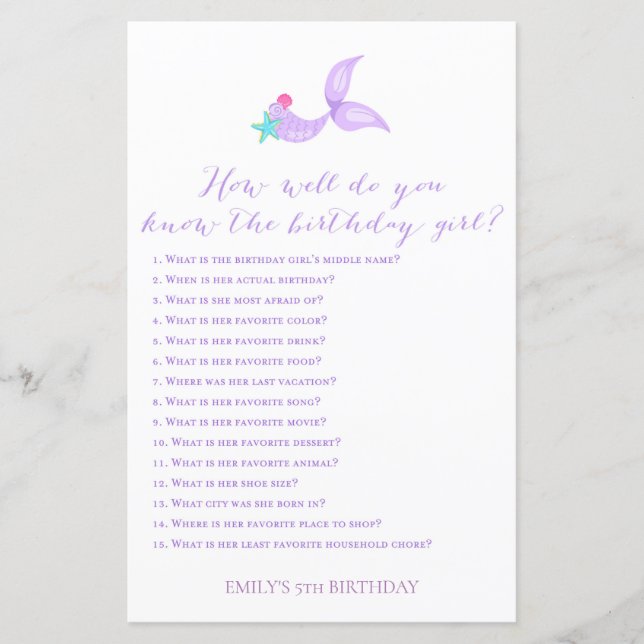 Lámina Sirena ¿Qué tan bien conoces al chica de cumpleaño (Anverso)