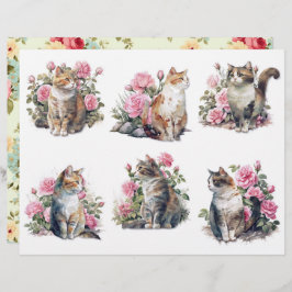 Lámina Six Pretty Watercolor Cats in a Bed of Pink Roses