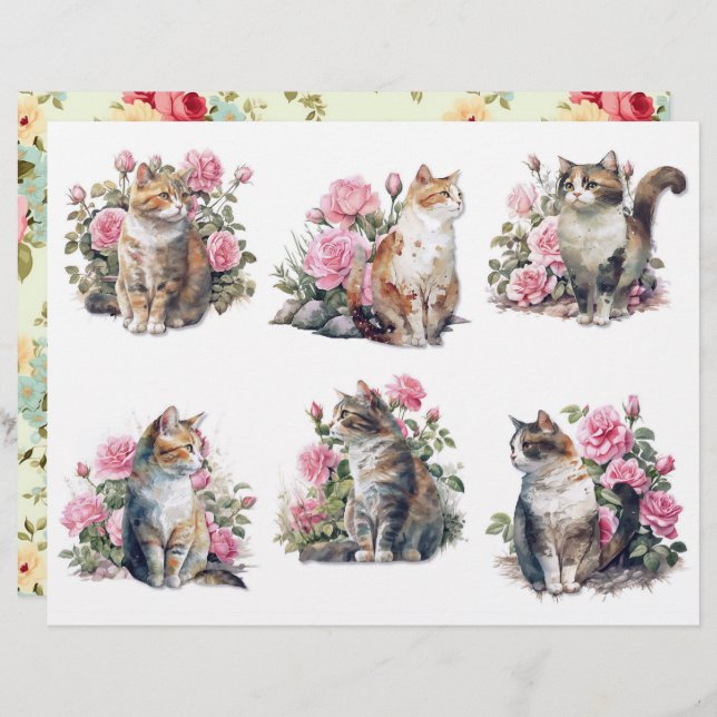 Lámina Six Pretty Watercolor Cats in a Bed of Pink Roses  (Anverso / Reverso)