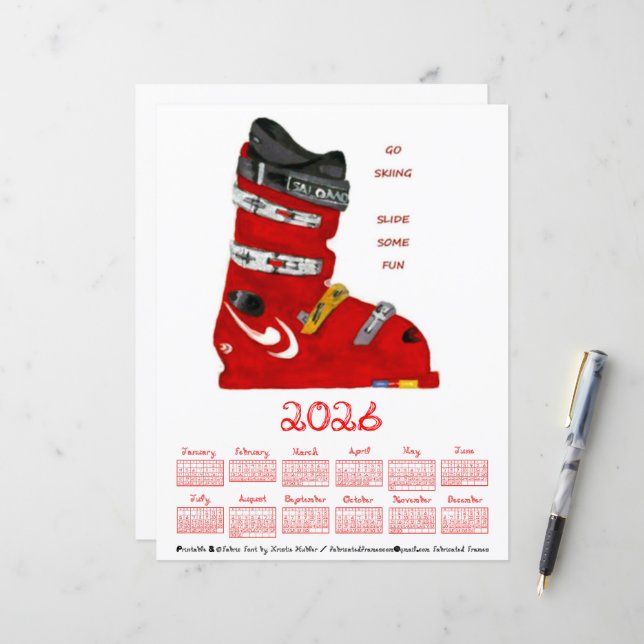 Lámina Ski Boot Go Skiing Slide Some Fun 2026 Calendar (Anverso/Reverso In Situ)