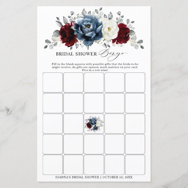 Lámina Slate Blue Burgundy Ivore Boho Bridal Shower Bingo (Anverso)
