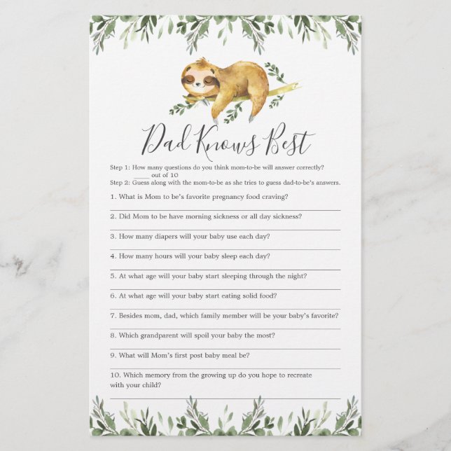 Lámina Sleepy Sloth Baby Shower Dad es el mejor juego (Anverso)