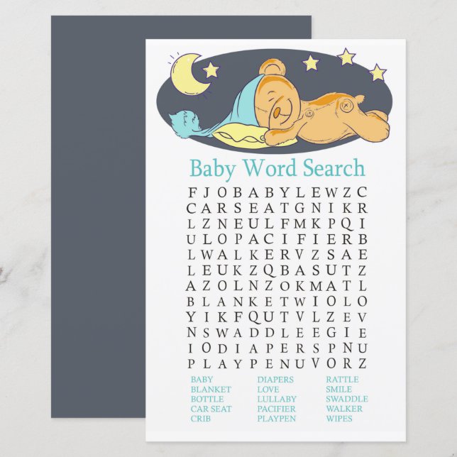 Lámina Sleepy teddy oso Baby Shower Word Search Game (Anverso / Reverso)