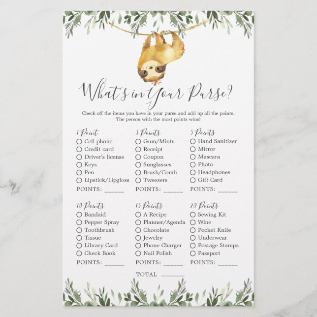Lámina Sloth Animals Baby Shower ¿Qué hay en tu bolso? (Anverso)