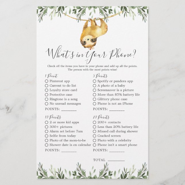 Lámina Sloth Animals Baby Shower ¿Qué hay en tu teléfono? (Anverso)