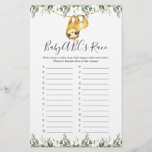 Lámina Sloth Baby Shower ABC's Race Game