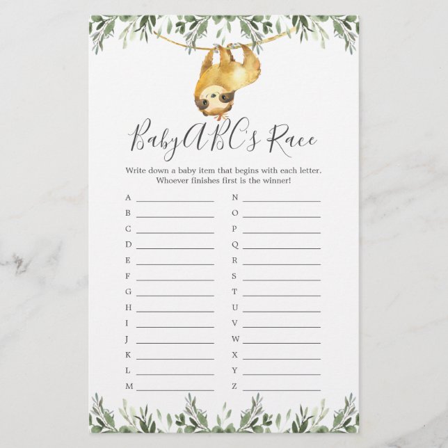 Lámina Sloth Baby Shower ABC's Race Game (Anverso)