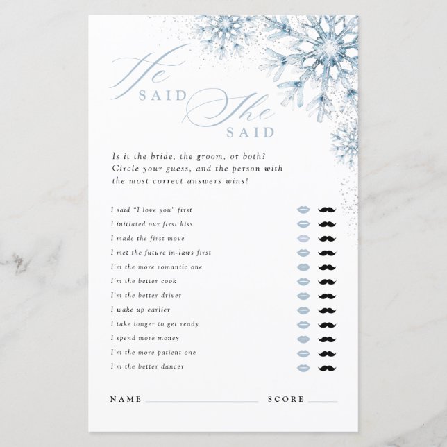 Lámina Snow in Love He Said She Said Bridal Shower Game (Anverso)