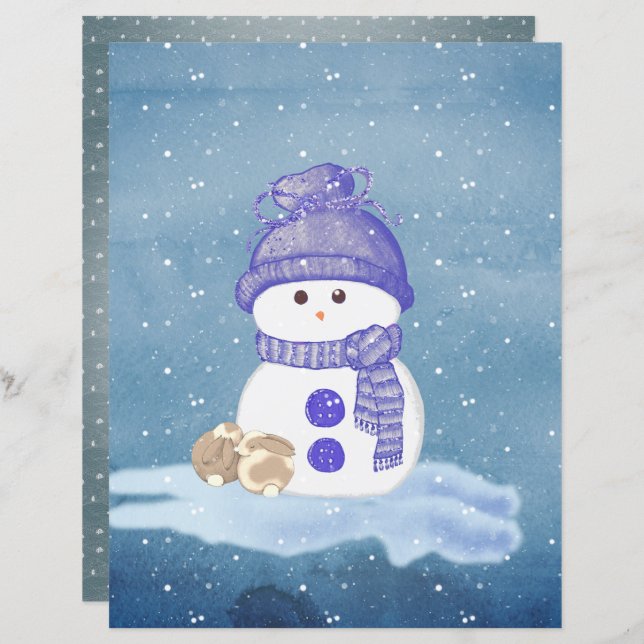 Lámina Snowman and Sleeping Bunnies Scrapbook Paper (Anverso / Reverso)