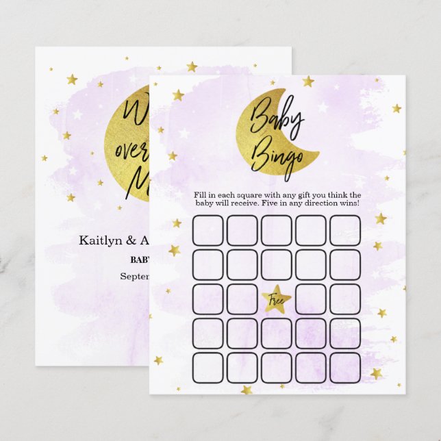 Lámina Sobre la luna | Bingo de Baby Shower neutral (Anverso / Reverso)