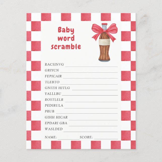 Lámina Soda baby shower Word scramble game (Anverso)