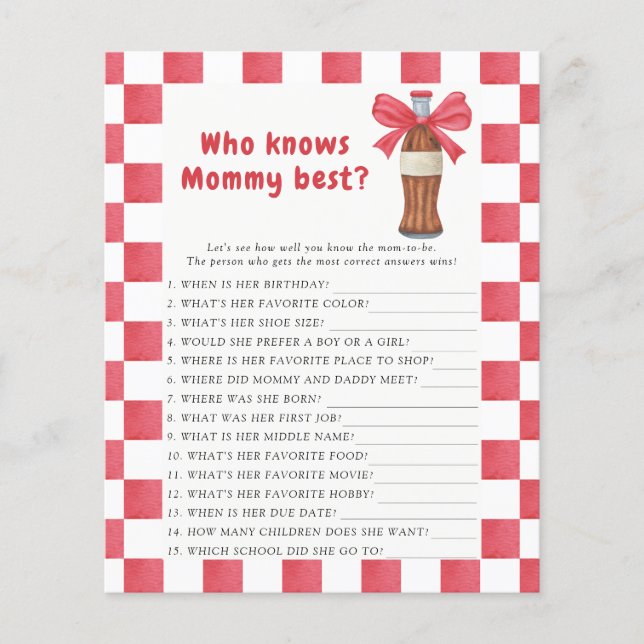 Lámina Soda Bottle baby shower Who knows mommy best game (Anverso)