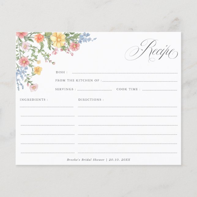 Lámina Soft pastel Wildflower Garden Bridal Shower Recipe (Anverso)