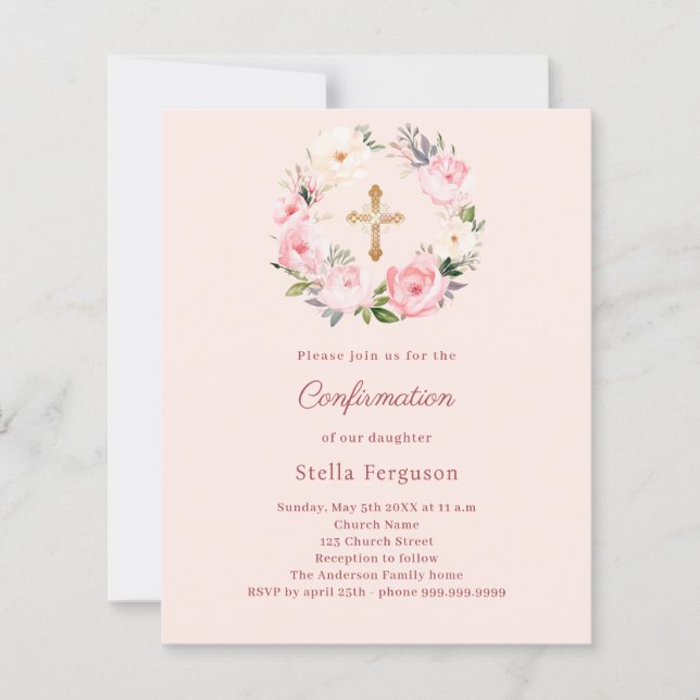 Lámina Soft pink blush florals Confirmation invitation (Anverso)