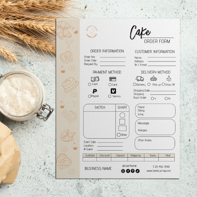 Lámina Solicitud de panadería Pastel de Boda para pequeña (Order Form Bakery Small Business Wedding Cake)