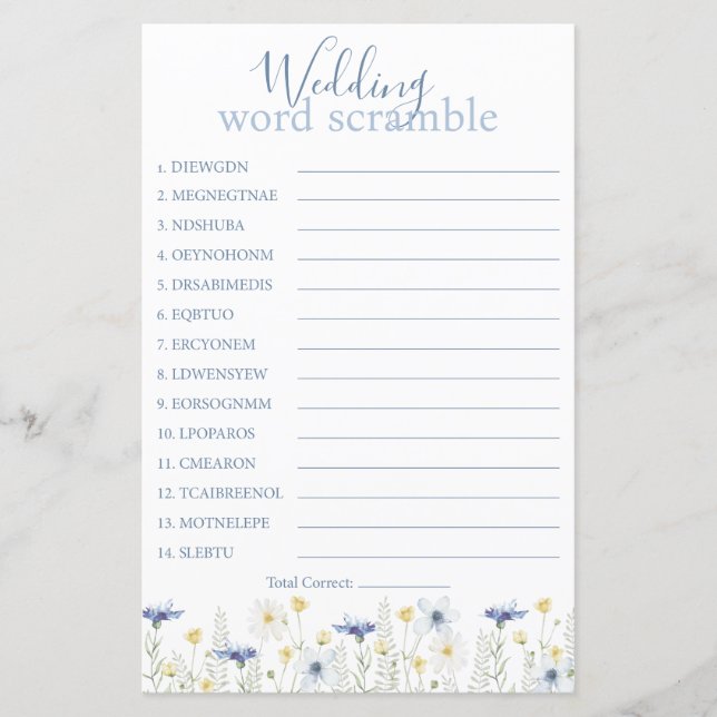 Lámina Something Blue Wedding Word Scramble (Anverso)