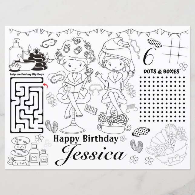 Lámina Spa birthday party activity coloring games (Anverso)