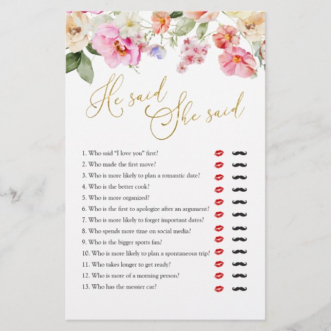 Lámina Spring Floral Bridal Shower He Said She Said Game (Anverso)