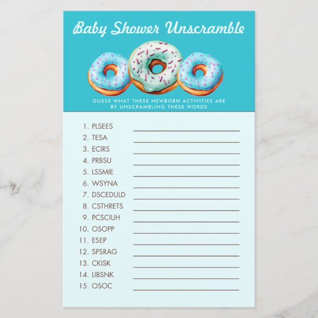 Lámina Sprinkle Donut | Word Scramble | Juego Baby Shower (Anverso)