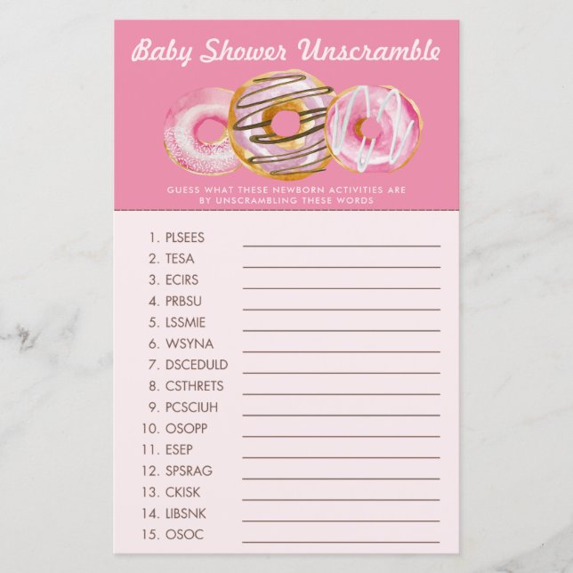 Lámina Sprinkle Donut | Word Scramble | Juego Baby Shower (Anverso)