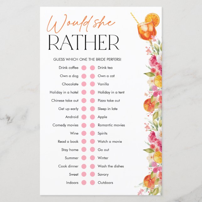 Lámina Spritz Bridal Shower Games Would She Rather (Anverso)