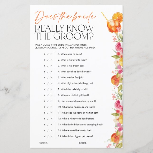 Lámina Spritz Citrus Bridal Shower Games Bride Know Groom (Anverso)